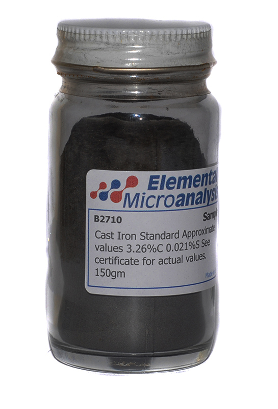 Cast Iron Powder Standard Approximate values 3.29%C 0.021%S See certificate 722W for actual values. 150gm